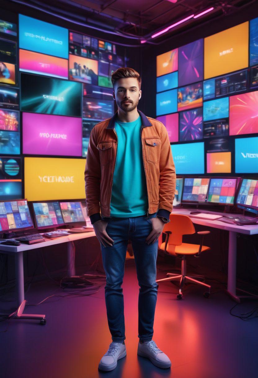 A dynamic representation of a vlogger in a vibrant studio, surrounded by high-tech streaming equipment like cameras, microphones, and screens displaying various video streaming platforms. The background features flowing digital data streams and colorful graphs symbolizing viewer engagement and trends in the industry. Bright neon colors create an energetic atmosphere. super-realistic. vibrant colors. 3D.