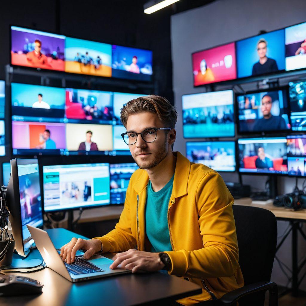 A captivating scene of a modern vlogger in a stylish, well-lit studio filled with high-tech cameras and vibrant screens displaying dynamic video editing software. The vlogger is animatedly engaging with their audience through a live stream, surrounded by colorful lighting and trendy decor that reflects current social media aesthetics. Elements like sound equipment, a laptop showing analytics, and posters of popular vlogs can be added to enhance the atmosphere. super-realistic. vibrant colors. dynamic composition.